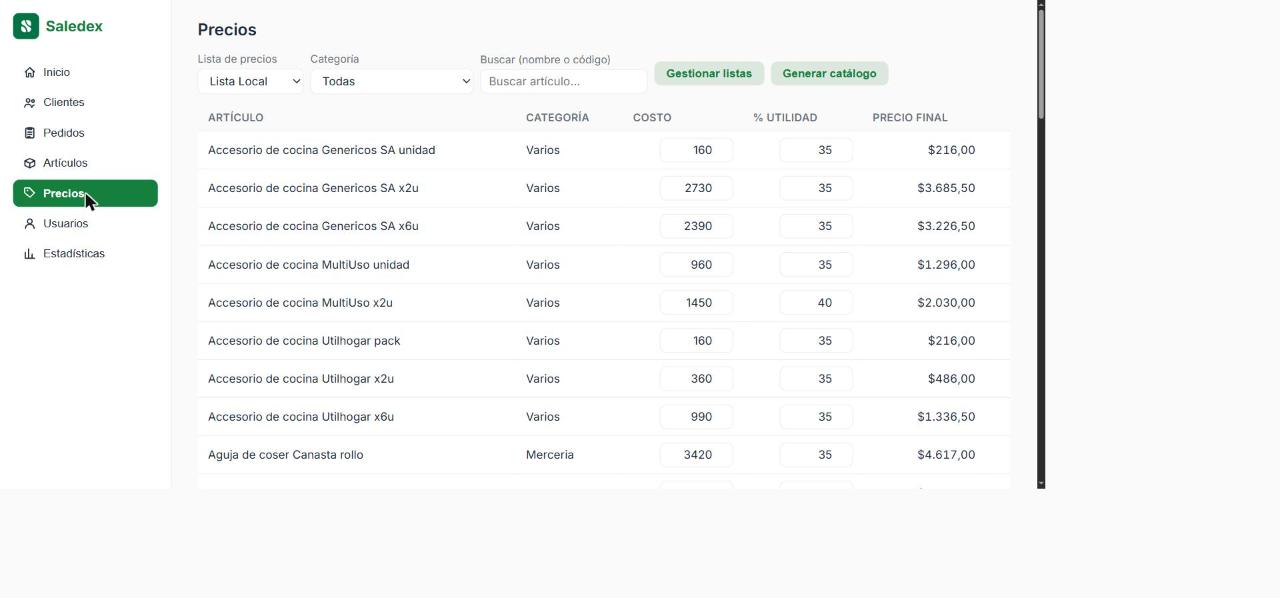 Panel admin — Precios